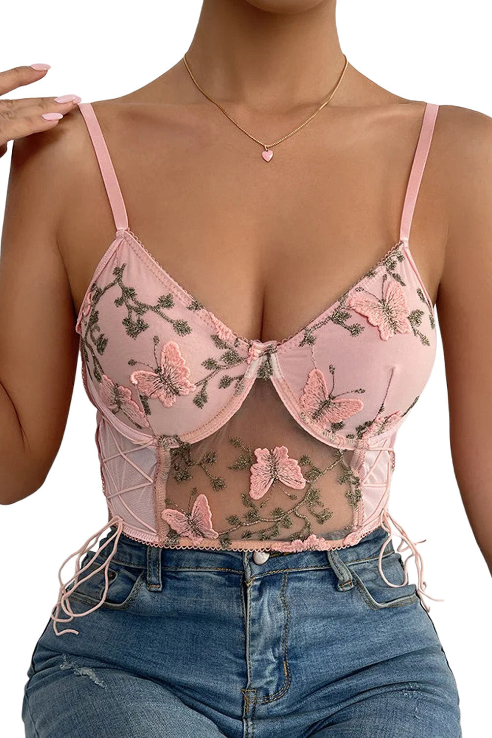 Embroidered Butterfly Mesh Bustier Bralette