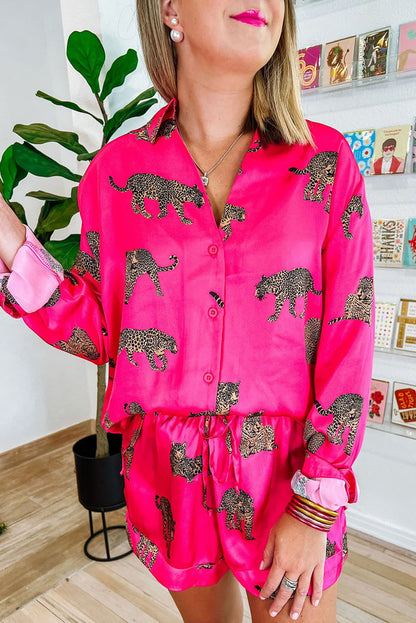 Cheetah Satin Shirt and Shorts Lounge Set