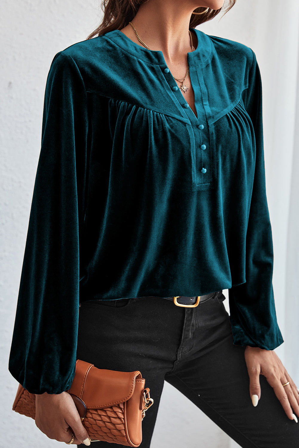 Velvet Lantern Sleeve V-Neck Top