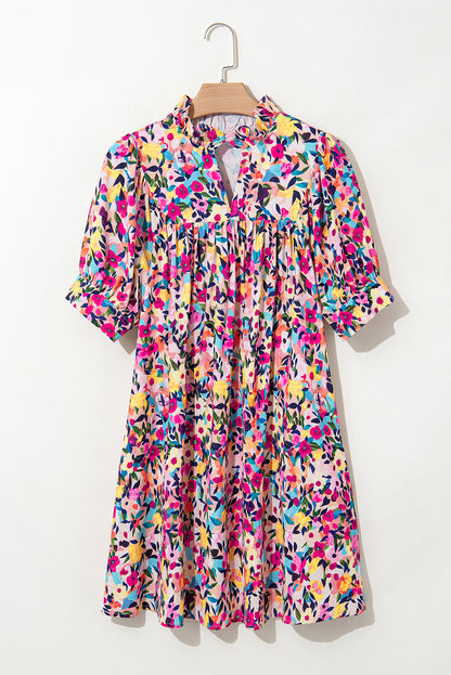 Floral V-Neck Puff Sleeve Mini Dress