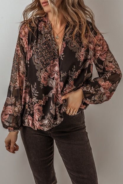 Floral Wrap V-Neck Balloon Sleeve Blouse