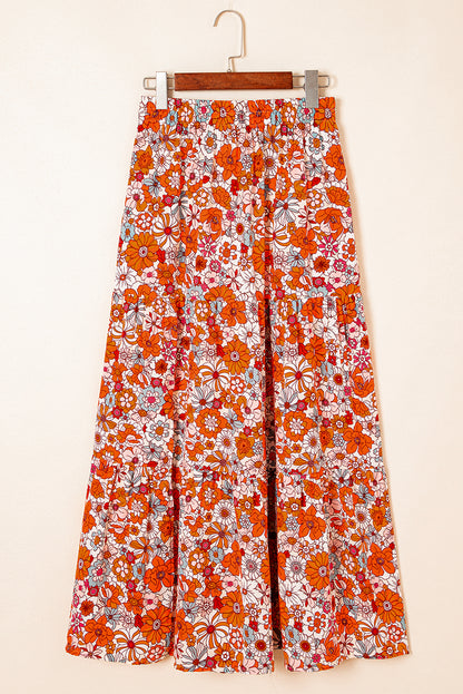 Boho Floral Tiered Maxi Skirt Split