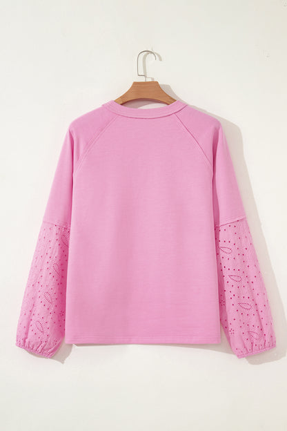 Heart Embroidered Eyelet Patchwork Long Sleeve Top
