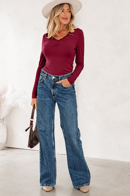 Lace Trim Ruched V-Neck Long Sleeve Top