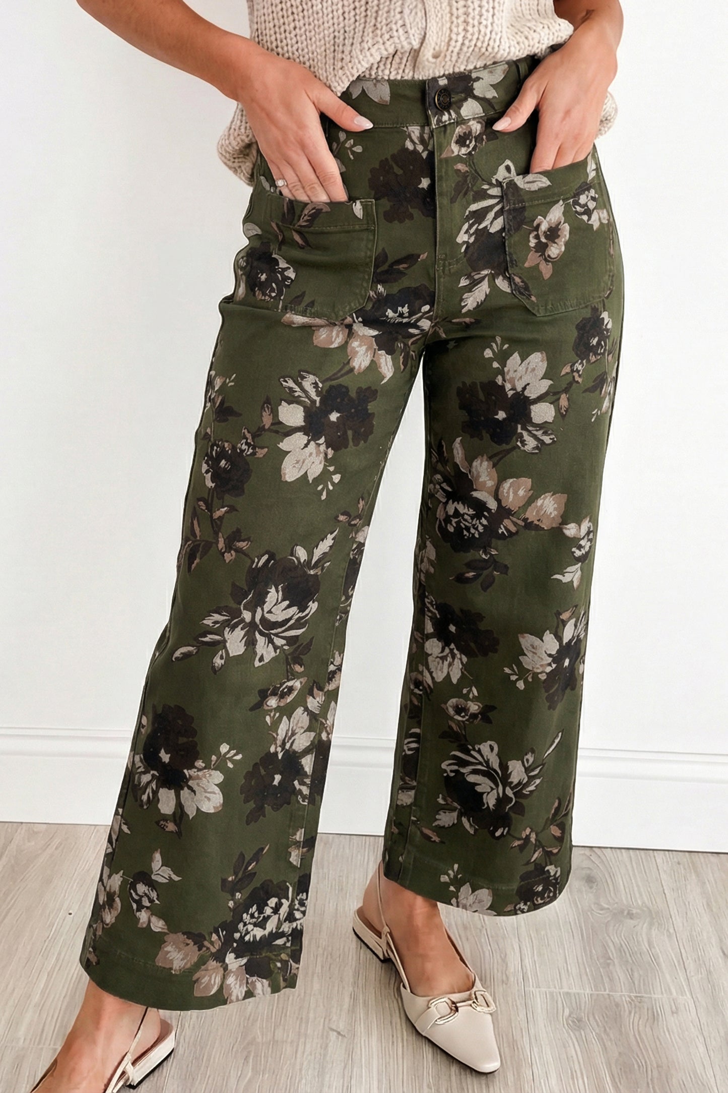 Floral Denim Patch Pocket Straight Leg Jeans