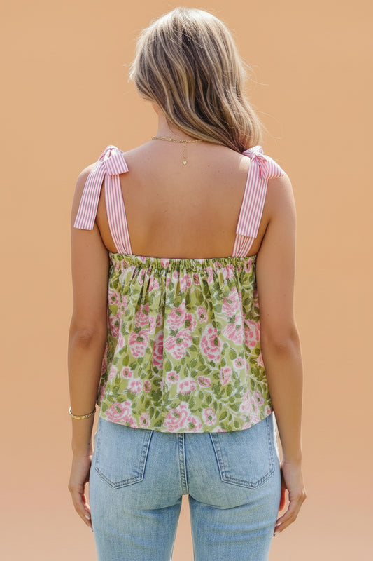 Floral Stripe Tie Strap Babydoll Tank Top