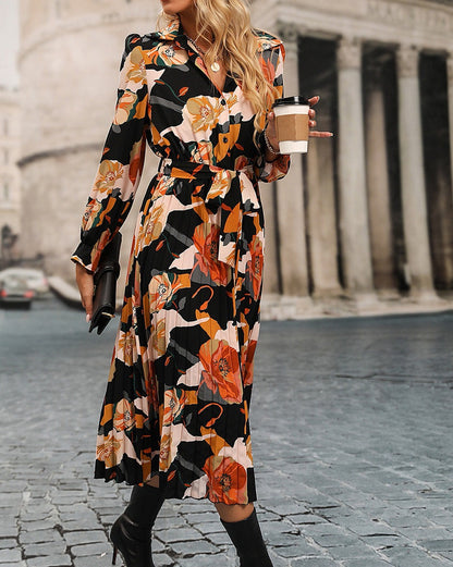 Floral Pleated Midi Shirt Dress