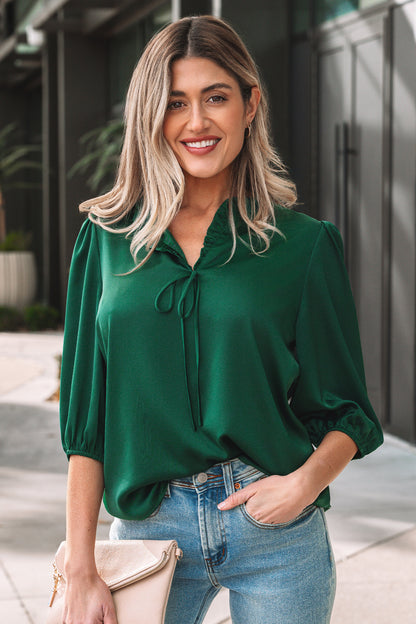 Solid Frilled Bow Tie V-Neck 3/4 Sleeve Blouse