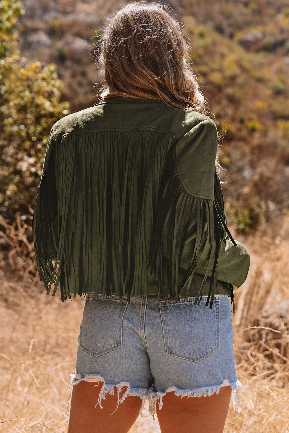 Western Faux Suede Fringe Cropped Jacket