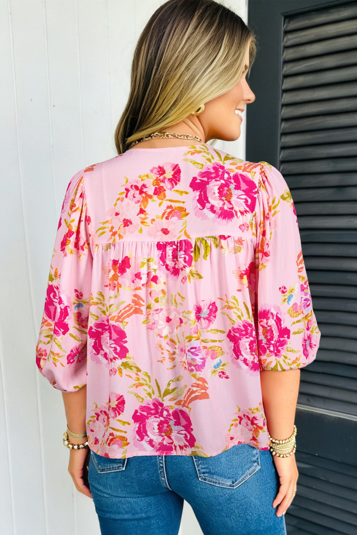 Floral Tie Neck 3/4 Puff Sleeve Blouse