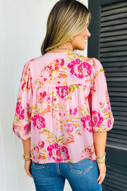 Floral Tie Neck 3/4 Puff Sleeve Blouse
