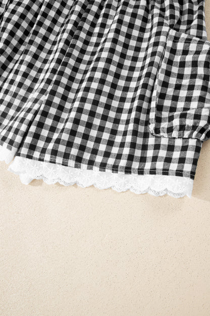 Gingham Lace Trim Pouch Pocket Shorts