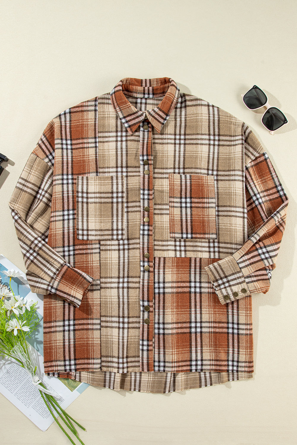 Plaid Colorblock Bishop Sleeve Shacket