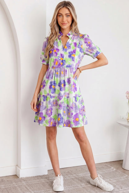 Floral Collared V-Neck Tiered Ruffle Mini Dress