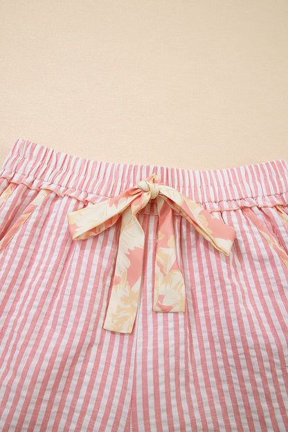 Stripe Floral Trim Ribbon Drawstring Waist Shorts