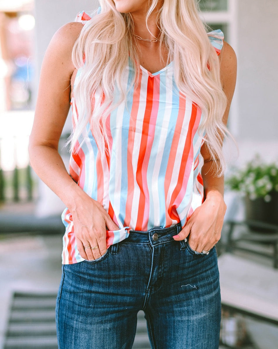 Stripe V-Neck Ruffle Straps Top