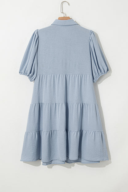 Solid Button-Up Collared Tiered Dress