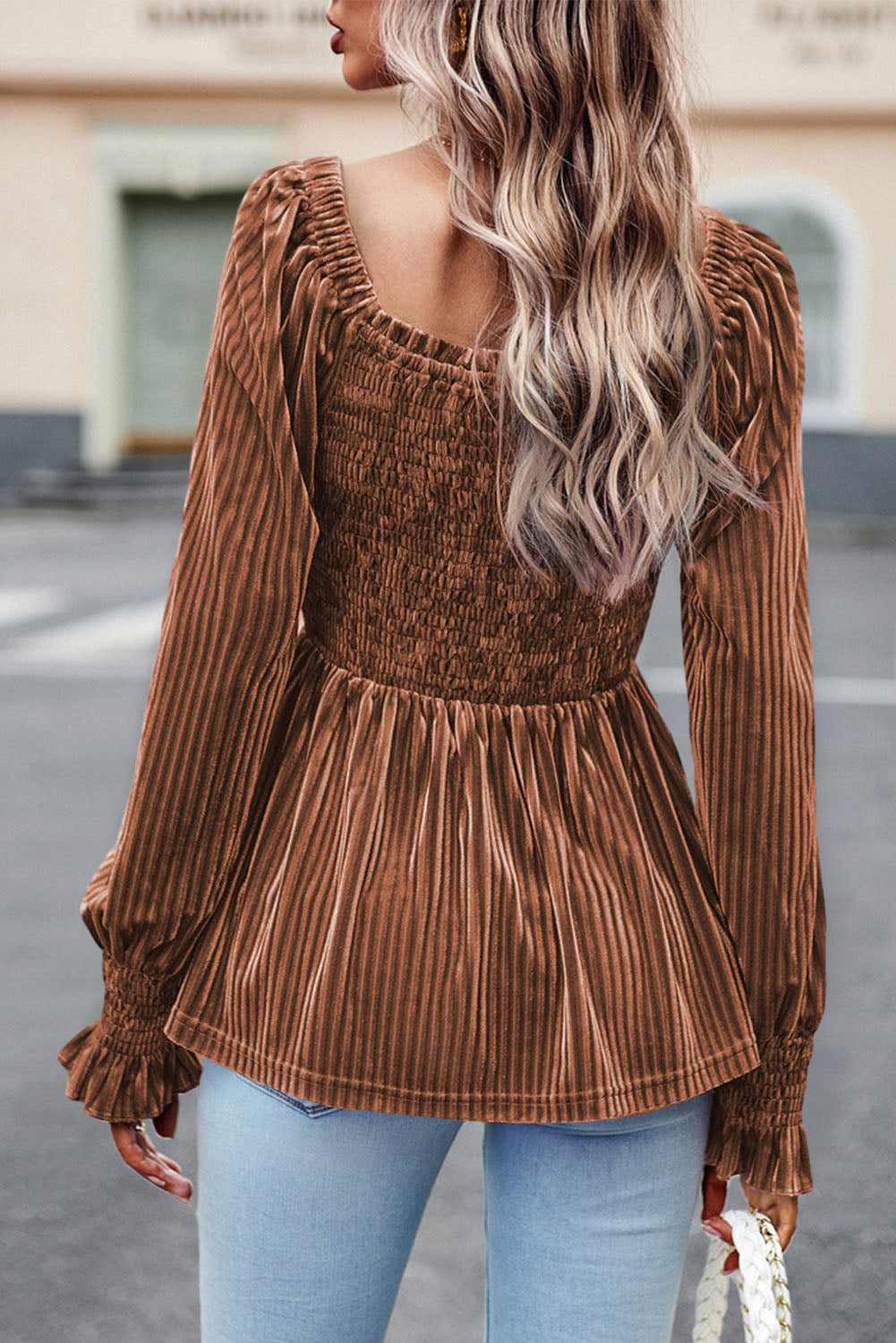 Pleated Velvet Smocked Babydoll Top