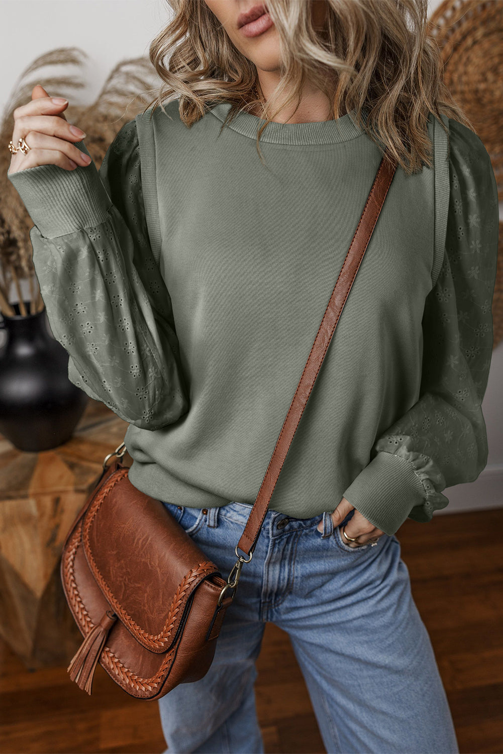 Texture Patchwork Round Neck Sweatshirt