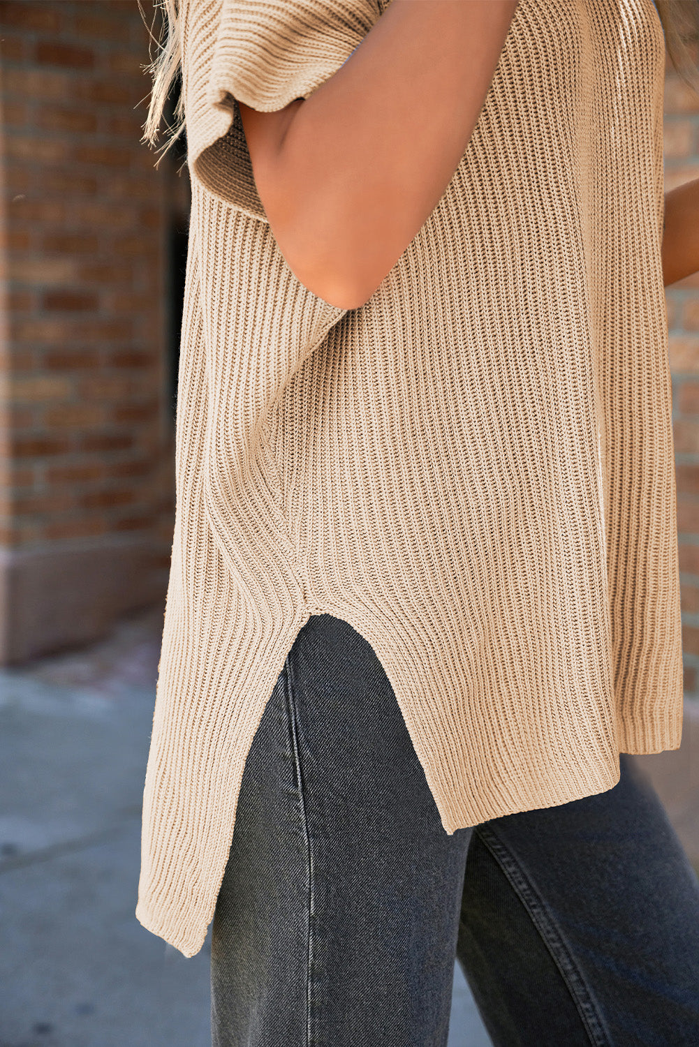 Short Sleeve Side Slit Sweater