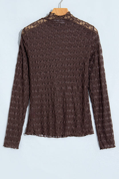 Solid Sheer Textured Lace Mock Neck Long Sleeve Top