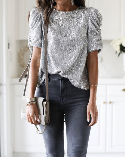 Ruched Puff Sleeve Sequin Top