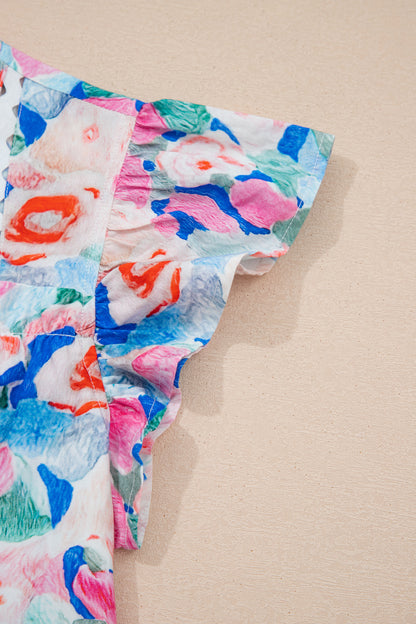 Floral Tie V-Neck Ruffle Short Sleeve Blouse