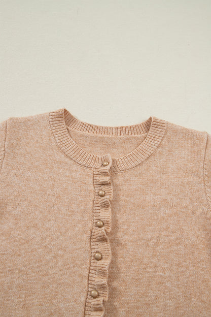 Solid Ruffle Trim Button Front Cardigan