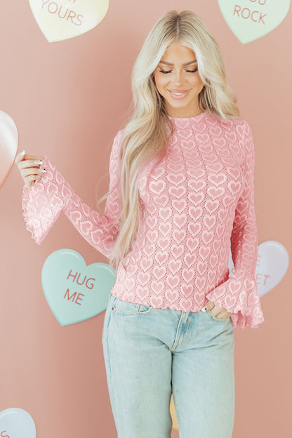 Valentine Heart Mock Neck Flare Long Sleeve Top