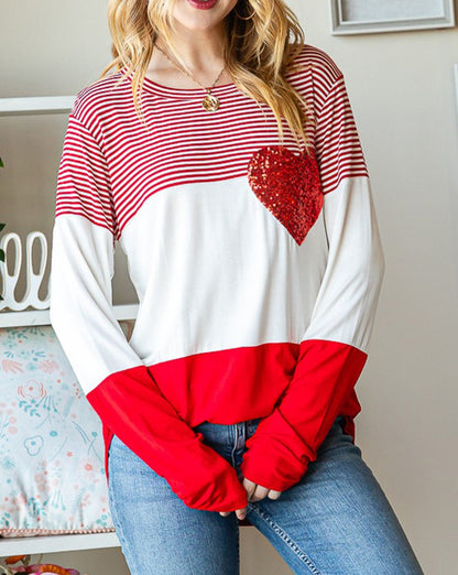 Sequin Heart Striped Colorblock Top