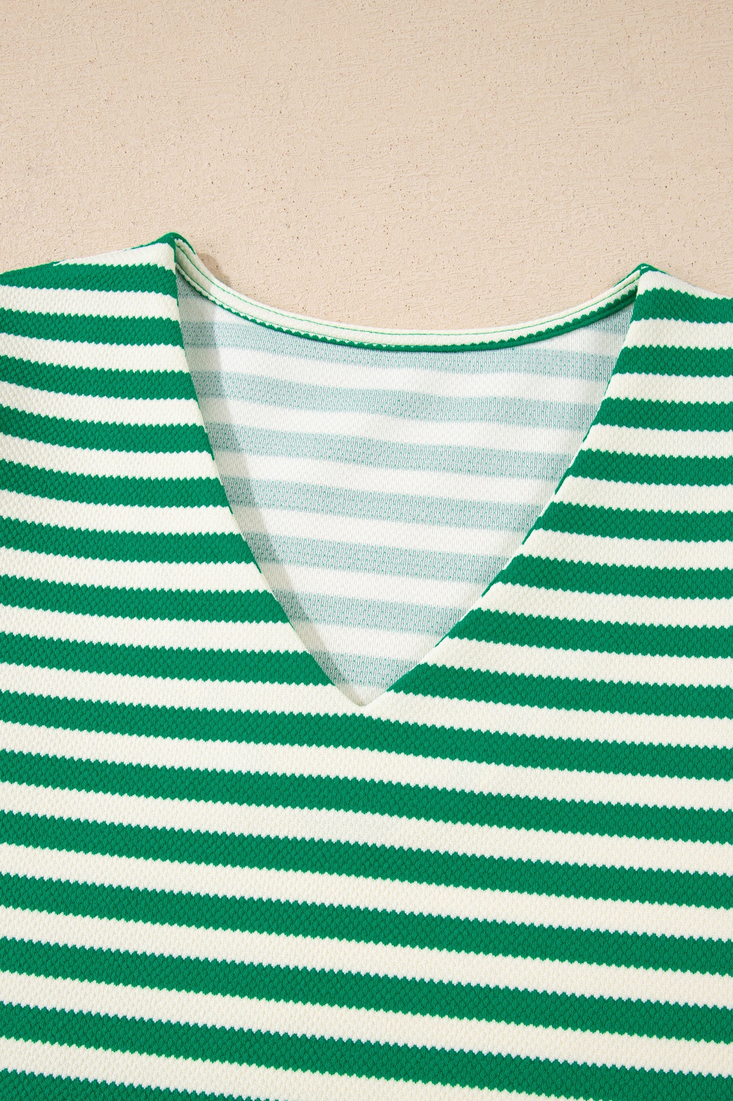 Stripe Patchwork Puff Short Sleeve V-Neck Blouse