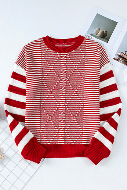 Stripe Geometric Cable Knit Sweater