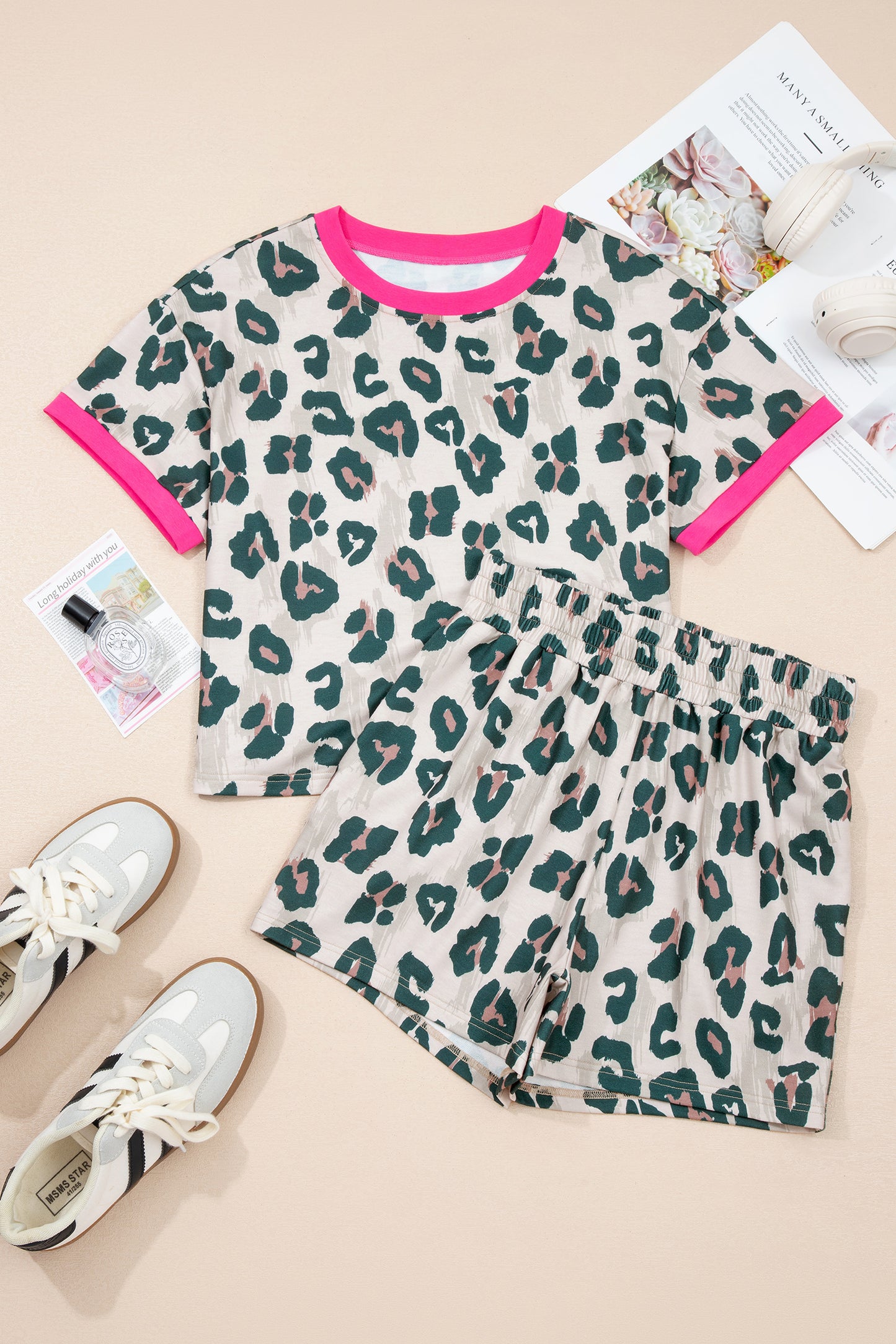 Leopard Contrast Trim Top & High Waist Shorts Set