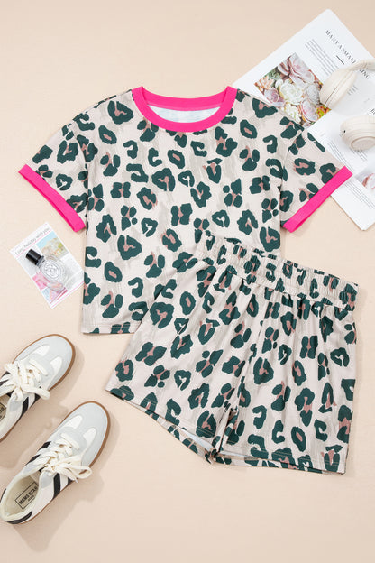 Leopard Contrast Trim Top & High Waist Shorts Set