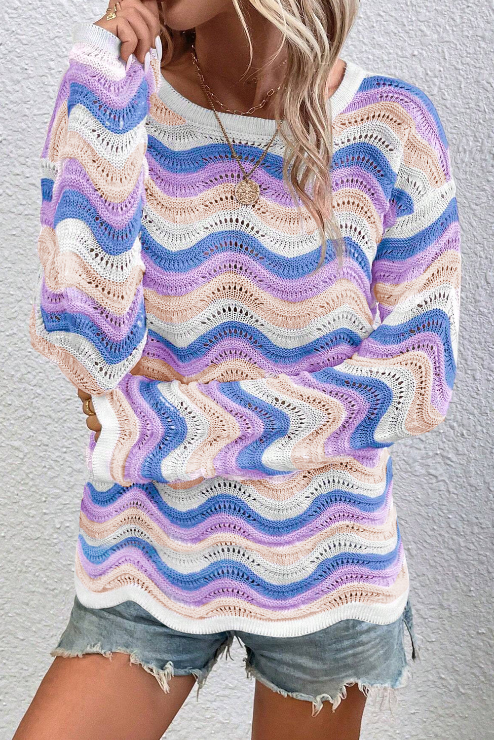 Wavy Stripe Pointelle Knit Sweater