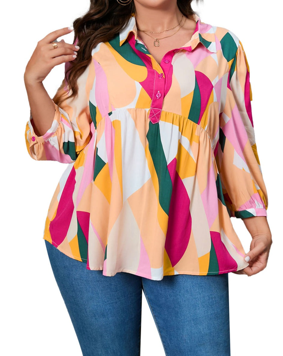 Geometric 3/4 Sleeve Blouse Plus Size