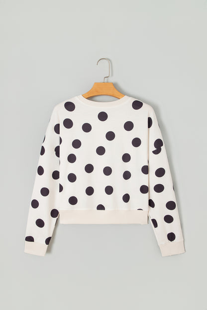Polka Dot Ribbed Trim Round Neck Sweatshirt