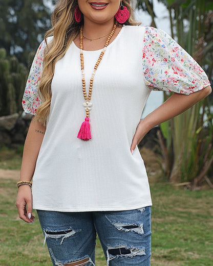 Ribbed Floral Puff Sleeve Blouse Plus Size