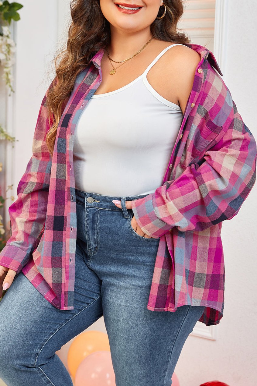 Plus Size Stripe Checker Button-up Shirt