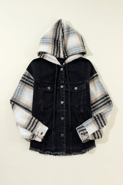 Plaid Denim Patchwork Hooded Jacket