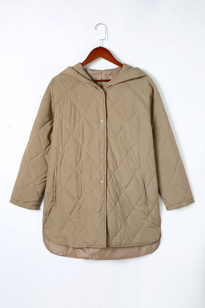 Solid Quilted Snap Button Hooded Puffer Coat