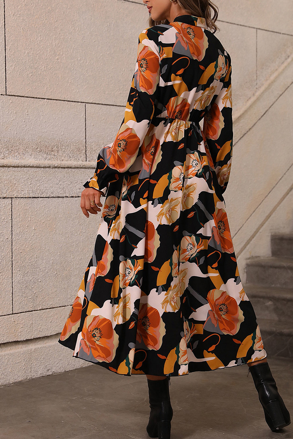 Floral Tie Neck Long Sleeve Dress