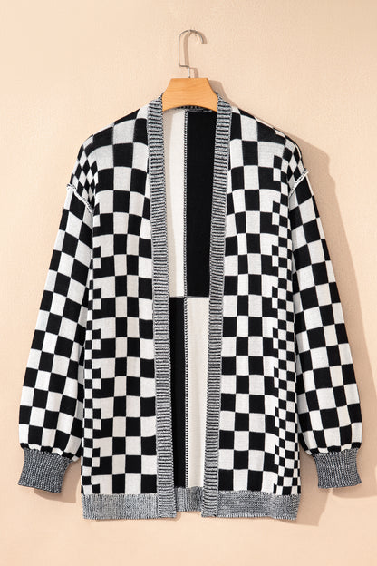 Plus Size Checker Drop Shoulder Open Front Cardigan