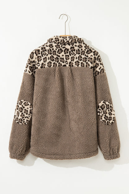 Leopard Sherpa Patchwork Flap Pocket Buttoned Jacket