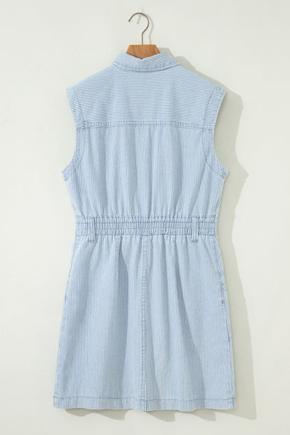 Stripe Denim Collared Button-Front Sleeveless Dress