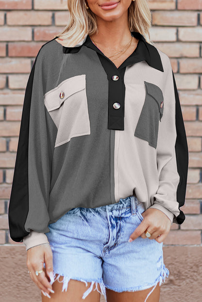 Colorblock Ribbed Oversize Collared Sweatshirt