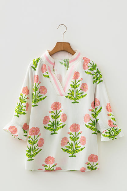 Flower Contrast V-Neck 3/4 Sleeve Blouse