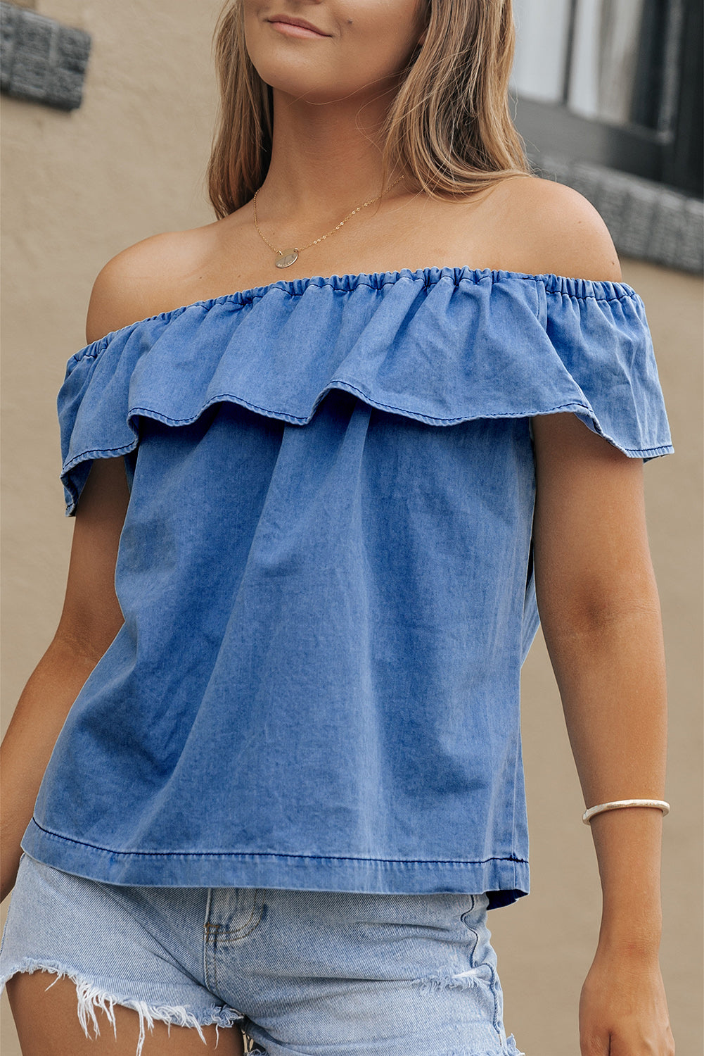 Denim Ruffle Off Shoulder Top