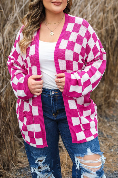 Plus Size Checker Open Front Cardigan