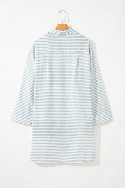 Stripe Collared V-Neck Chest Pocket Swim Cover Up